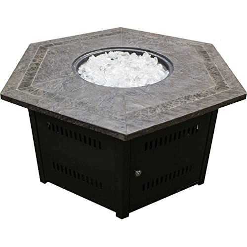 Hiland WLF-HEX 40,000 BTU Propane Fire Pit w/Lid and Fireglass Included, Large, Slate