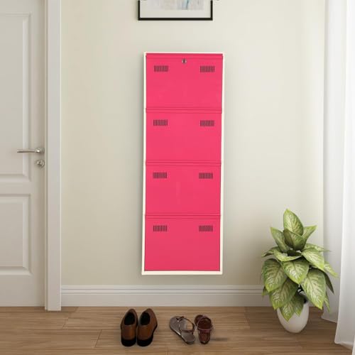 Image of Metal Shoe Rack Wall Mounted for Home with Central Locking 4 Door 20 inch Wall Mounted Metal 8 Pair Shoe Rack Cabinet Pre-Assembled Rack Shelves 3 Year Warranty (Pink & Ivory)