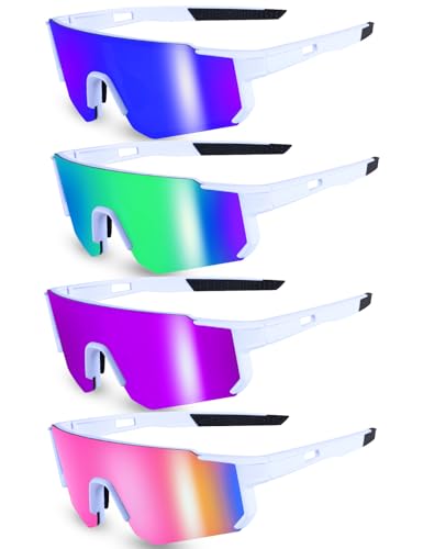 Lot de 4 paires de Lunette de Cyclisme Velo UV 400, Lunettes de Soleil pour Femme Homme, Vélo de course, ski, rave (Cadre Blanc)