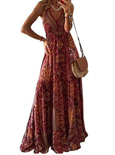 ORANDESIGNE Damen Bohemian Kleid Strandkleid Vintage Kleid Blumenmuster Langes Sommerkleider Dekoltee V-Ausschnitt Boho Rückenfreies A-Linien Kleid...