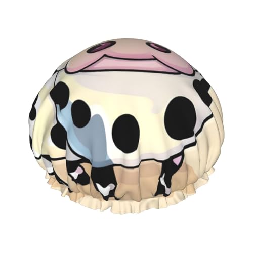 Gorro de ducha con estampado de vaca de leche de dibujos animados, gorro de ducha para mujer, reutilizable, impermeable, gorro de baño de secado rápido