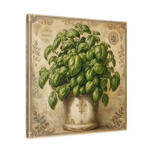 Décoration murale basilic plante vintage cadre toile carrée 60x60 pour cuisine