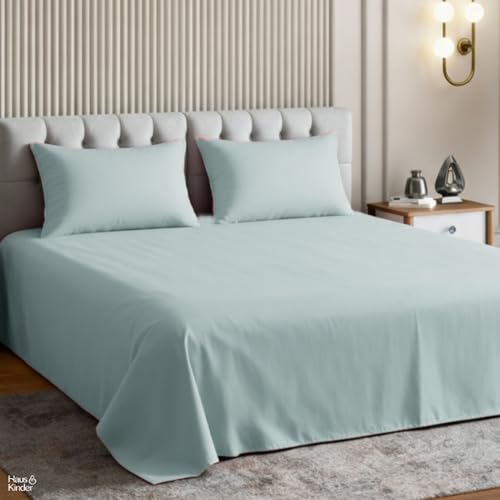 Image of haus & kinder Bedsheet King Size, 300 TC Cotton Sateen Weave, Flat Bedsheet for King Size Bed, Silky Smooth (Spring Mint, 108x108)
