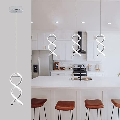 CANEOE Spiral Led Pendant Light Fixture,15W Cold White Light Modern Integrated LED Hanging Lamp, Adjustable Island Light Fixture for Living Room Bedroom Kitchen Sink, 1 Pack (Chrome)