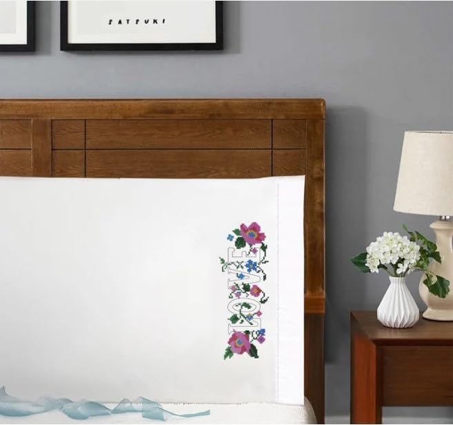 White Pillow Cases Set of 2 with Love Stamped Design | Decorative Pillow Cases Standard Size for Home Decor | Soft Cotton Fabric - Perfect for Bedroom