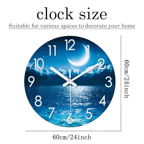 Image of XFM Extra Large Blue Moon Glass Wall Clock 24 Inch Silent | Non Ticking Battery Operated Round Analog Modern Nature Decorative Clock for Living Room Kitchen Bedroom Office
