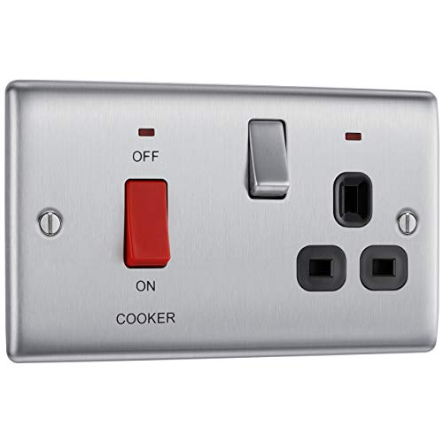 BG Electrical Cooker Switch with Socket and LED, Cooker Control Unit, Control Socket, Double Pole, Raised Profile, Round Edges, Nexus Metal, Brushed Steel, Black Inserts, 45A, NBS70B