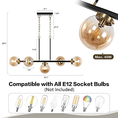 Wingbo 5-Light Modern Island Light, Sputnik Chandelier Pedant Light Fixture With Amber Glass Globe Shade For Flat Slop Ceiling, Height Adjustable For Kitchen Living Room Dining Room Bedroom, Black #TOP3