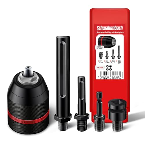 SCHWABENBACH® Kit 5 pièces Mandrin autoserrant 1,5–13 mm (1/2-20 UNF) avec 4 adaptateurs SDS Plus SDS Max 1/4″ Hex 6,3 mm, carré 1/2″ – Conversion...