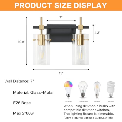 Image of SOLFART Vintage Vanity Light Fixtures Wall Light for Bathroom Over Mirror Light with Glass Shade Light Fixtures (2 Lights-Exclude Bulb)