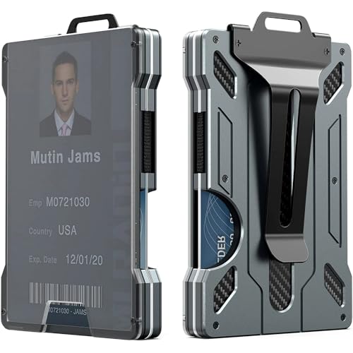 Wallet for Men - Slim Aluminum Metal Money Clip with 1 Clear Window ID Badge Holder, RFID Blocking, Holds up 15 Cards with Cash Clip.Ultra-Thin Minimalist Wallet, dark grey