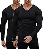 Muscle Cmdr Pack of 2, Slim Fit V Neck Long Sleeve Muscle Thermal T Shirt Casual Ribbed Pullover Tee Lightweight Sweater Undershirts Black M