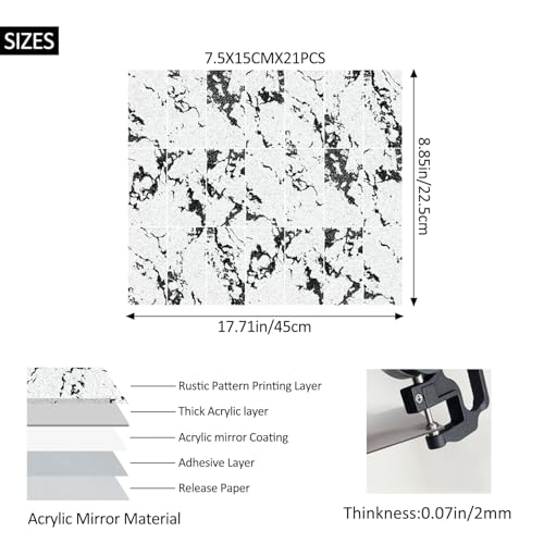 funlife 3D Vintage Mirror Effect Wall Panels, Rusty Faux Antique Mirror Tiles, Distressed and Torn Stone Rectangular 21PCS