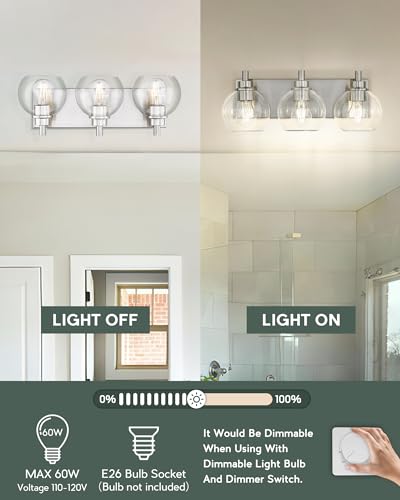 Image of Bathroom Light Fixtures, 3-Light Brushed Nickel Vanity Light, Modern Wall Sconces with Globe Clear Glass Shade, Vanity Lighting Fixtures Over Mirror, VL195-BN-CL-3
