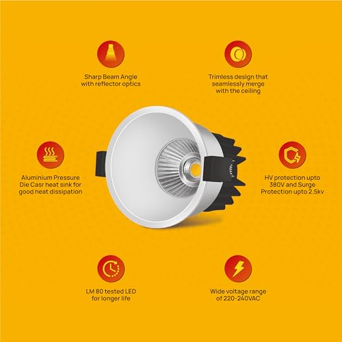 Image of wipro 12w Alpha Trimless E26 LED COB | Neutral White (4000K) | Aluminium PDC Heat Sink | Sharp Beam Angle with Reflector for Home, Office and Store Cabinet Display | Pack of 1