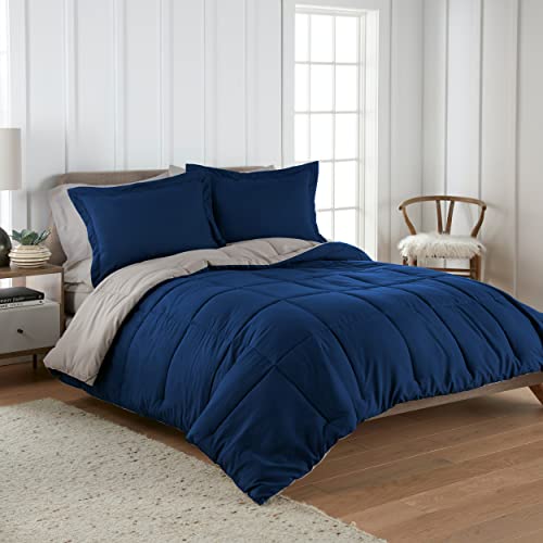 3-Pc Blue/Grey Reversible Queen Comforter Set with Shams