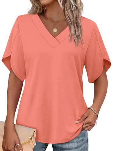 WIHOLL Plus Size Spring Break Essentials Summer Tops Short Sleeve Shirts V Neck Flowy Tops and Blouses Dressy Casual Fahion Clothing Coral XL