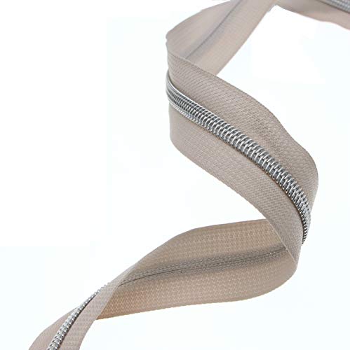 #5 Silver Teeth Metallic Nylon Coil Zippers by The Yard Bulk 10 Yards Beige Zipper Tape with 25pcs Silver Sliders for DIY Sewing Tailor Craft Bag Luggage Sofa Zipper Leekayer (Beige)