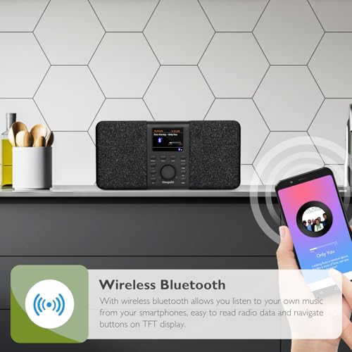 Image of SR20 Stereo 2.0 WiFi Internet Radio with Bluetooth 5.3, Podcast Player, FM Radio, Mains or AA Battery Powered, Color Display, 60 Presets, Dual Alarms, App Control Support-Elegant Black