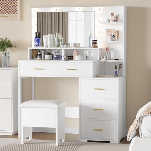 GarveeHome Vanity Desk, Makeup Vanity Table with Mirror & 9 LED Light Bulbs, 4 Large Drawers and 3 Tiers of Open Shelves for Bedroom, White Model-2