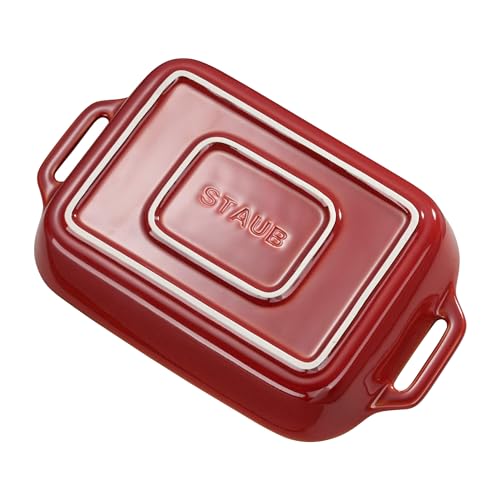 Staub baking dish detail in rustic red