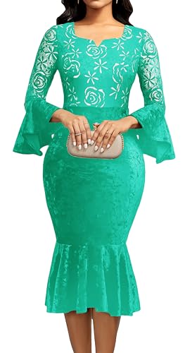 Image of Midi Lace Dress for Women Bodycon Dress Church Cocktail Party Clothes | Square Neck,Lace Bell Sleeve,Velvet Look,Mermaid Hem,Midi Dresses,Cocktail Party,Wedding Guest Party,Formal Event Outftis