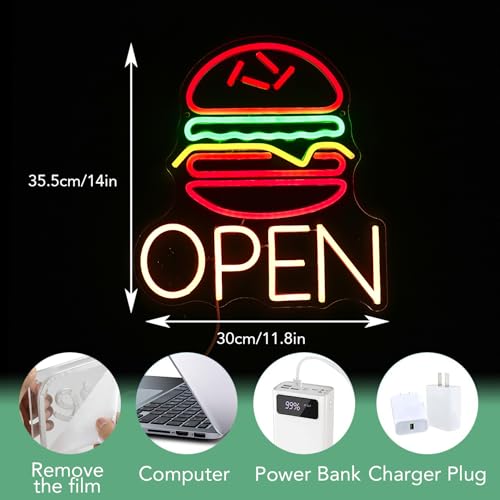 Image of Hamburg Open Neon Sign Led Business Open Sign Burger Neon Wall Decor Light Up Sign Fast Food Bar Kitchen Restaurant Decor Food Neon Light