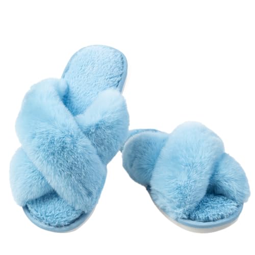 Image of Enteer Women's Slipper Memory Foam Cross Band Fuzzy Slippers Open Toe Cozy House Slippers Cozy Plush Bedroom Indoor Outdoor