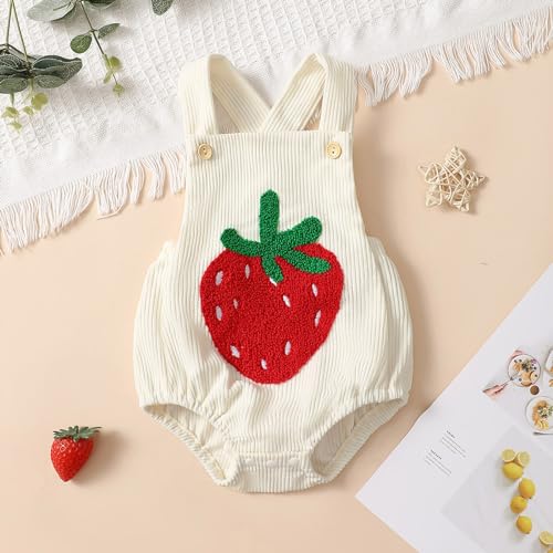 Newborn Baby Girl Summer Clothes Strawberry Embroidery Romper Sleeveless Corduroy Overalls Bodysuit Jumpsuit Outfit2