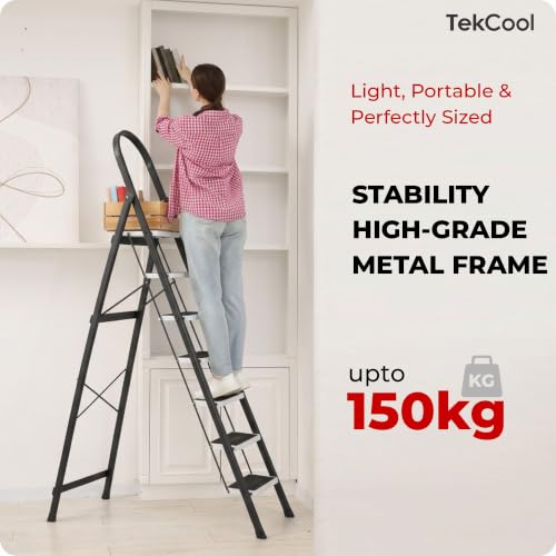 Image of TEKCOOL Ladder for Home 7 Steps Foldable with Built-in Tool Tray | Heavy Duty D Shape Rods | 20 x 30cm Large Platform | Wide Rubber Feet | Secure Lock | 150Kg Capacity
