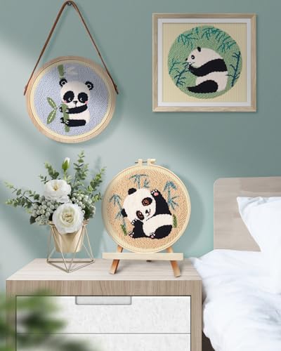 Image of TINDTOP Punch Needle Kits, Panda Punch Embroidery Kits for Adults | 3 Sets, Tool with Punch Needle Fabric, Hoops, Yarns and Sewing Needles