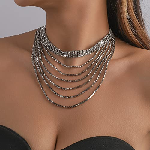 Jumwrit Layered Chain Necklace Rhinestone Tennis Chain Choker Necklace Multi Strand Necklace Statement Necklace For Women Girls（Silver） #TOP1