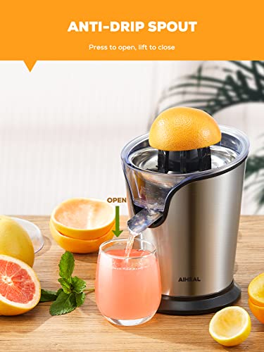 Aiheal Electric Citrus Juicer, Orange Juicer Squeezer With Two Interchangeable Cones Suitable For All Size Of Citrus Fruits, Anti-Drip Spout And Ultra Quiet Motor, Bpa Free, Brushed Stainless Steel #TOP5
