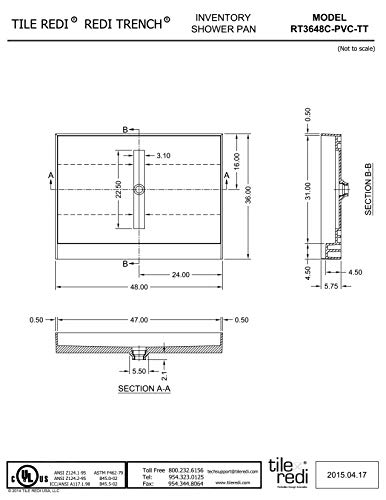 Tile Redi Rt3648C-Pvc-Tt Shower Pan With Center Drain- Single Curb Shower Base, 2" Pvc Drain, And Grate Included, 48" Width X 36" Depth #TOP5