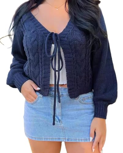 CHARTOU Womens Tie Front Cropped Cardigan Chunky Knit Cute Y2k Bow Cardigan Sweater Long Sleeve Outwear Tops