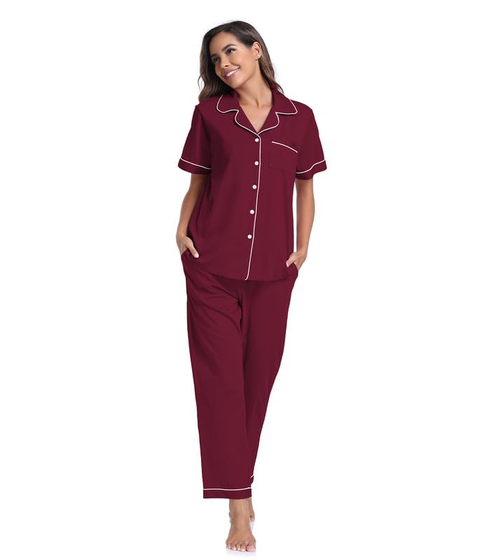 Image of CF Womens 100% Cotton Pajamas Set Button Down Pjs Sets Short Sleeve Top & Long Pants Sleepwear Comfy Loungewear with Pockets