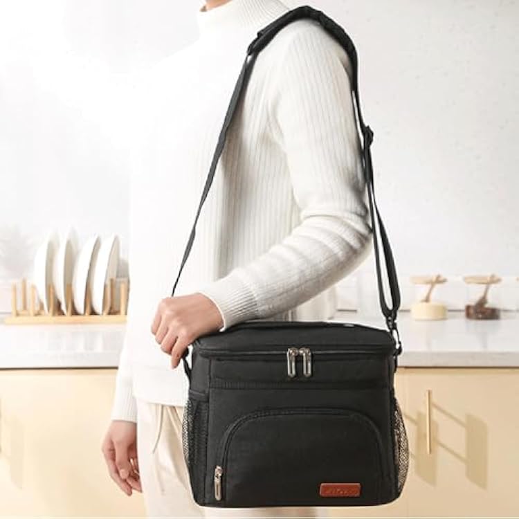 Insulated Lunch for Men & Women - Leak-Proof Cooler Lunch Bag with 4 Pockets Adjustable Strap, Double Deck Insulated Lunch Bag, Lunch Bags for Work Picnic Hiking Beach (Black)