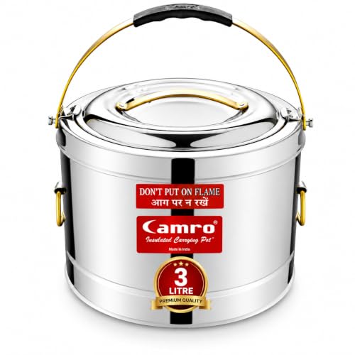 Image of Camro Sambar Pot Stainless Steel 3 Liters | Sambar Pot with Lid | Casserole for Cooking | Canteen & Hotel Casserole Container | Picnic Hot | Biryani Box Puff Insulated Hot & Cold Serving