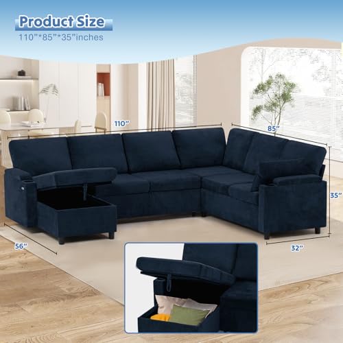 Image of 110 inch Chenille Reversible Sectional Sofa w /Pull Out Bed & Storage Chaise, U Shaped Couch w /Storage Armrests & Cup Holders,Corner Sofa w /USB Charging Port & Throw Pillow for Living Room, Blue