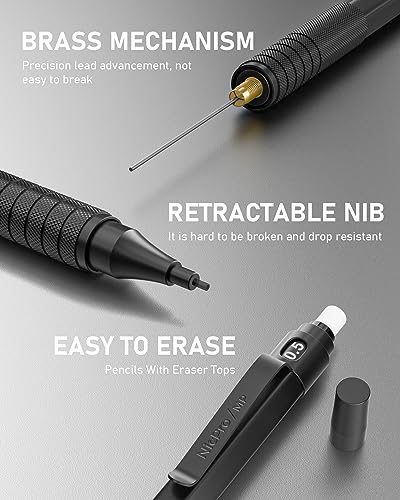 Nicpro 30PCS Black Metal Mechanical Pencils Set in Leather Case, Art Drafting Pencil 0.5, 0.7, 0.9 mm, 2mm Lead Pencil Holders for Sketching Drawing With 16 Tube (6B 4B 2B HB 2H 4H Colors)Lead Refills