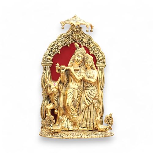 Image of KridayKraft Metal Radha Krishna Idol with Cow Decorative Showpiece Statue for Puja Room Home Office Desk Gift Items Ornate Metal Sculpture of Hindu Deities (Height 33 CM)