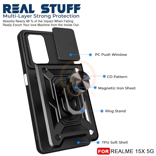 Image of Armor Bumper Back Cover Case for Realme 15X 5G Rotating Camera Cover, Ring Holder & Kickstand | Heavy Duty & 360 Degree Protection Realme 15X 5G Back Cover (Black)