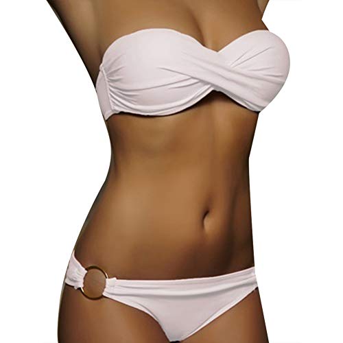 Kuizhiren1 conjunto de bikini para mujer, sujetador plisado con cruz y anillo de metal para verano, bikini de dos piezas, Blanco, Medium