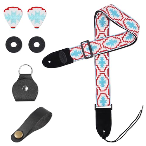 Image of Adjustable Guitar Strap Includes 2 Strap Locks & 2 Matching Picks & 1 Picks Holder & 1 leather Strap Button.