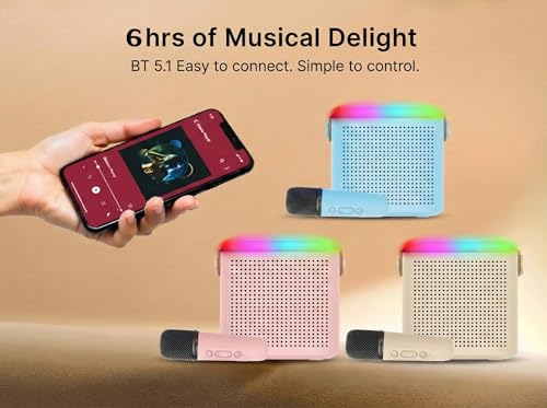 Image of Portable Karaoke Machine with Wireless Microphone, Bluetooth Speaker System, RGB LED Lights, Voice Effects, Rechargeable Battery, Light Blue