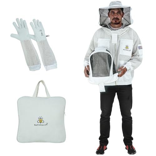 3-Layer Ventilated Mesh Bee Jacket for Men & Women with Two Veil Sting-Proof Beekeeping Jacket with Leather Gloves & Bag