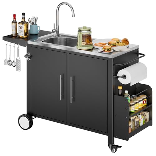 Comparison: Best Sink For Outdoor Kitchen 6 ROOMTEC Outdoor Grill Cart with Stainless Steel Sink, Rolling Metal Prep Table & Storage Cabinet, BBQ Kitchen Island for Patio or Garden