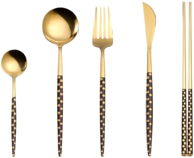 Silverware Flatware Set, 5/20/30/40/50/60 Pieces Stainless Steel Spoons, Chopsticks, Creative Polka Dot Steak Knife, Fork And Spoon Set, Portuguese Hotel Household Tableware (Color : Black