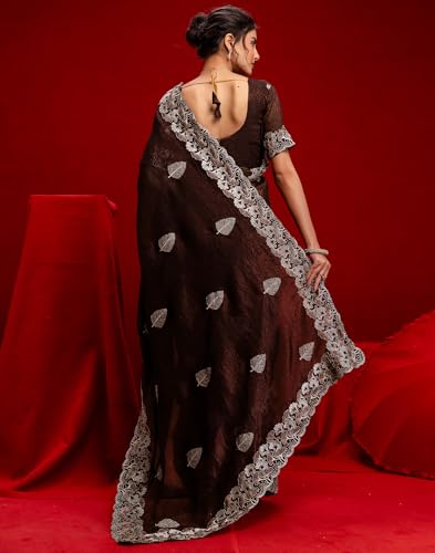 Image of SIRIL Women's Shimmer Chiffon Sequence Embroidery Saree With Unstitched Blouse Piece for Wedding and Parties
