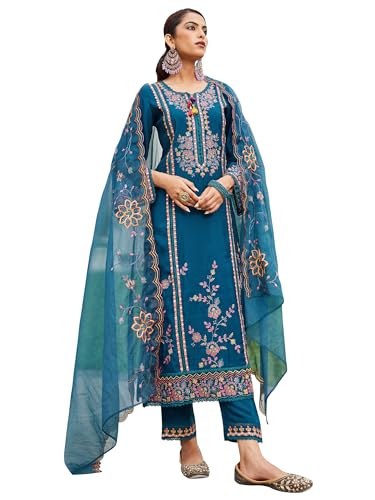 Image of INDO ERA Women's Silk Blend Embroidered Straight Kurta Pant with Dupatta (Ieout6967)